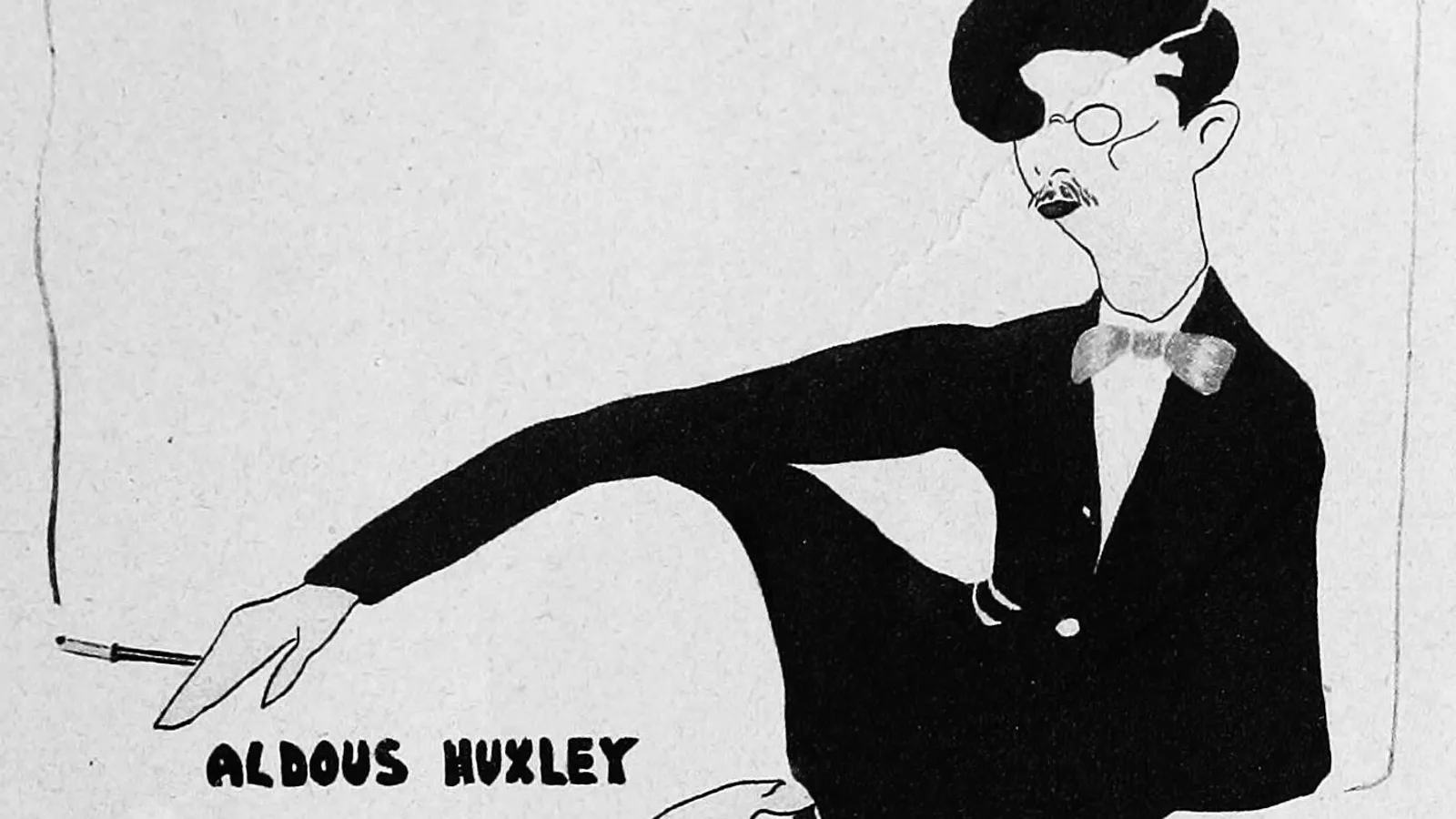 A 1923 ink caricature of Aldous Huxley with slicked hair, round spectacles, a bow tie, and a long cigarette holder.
