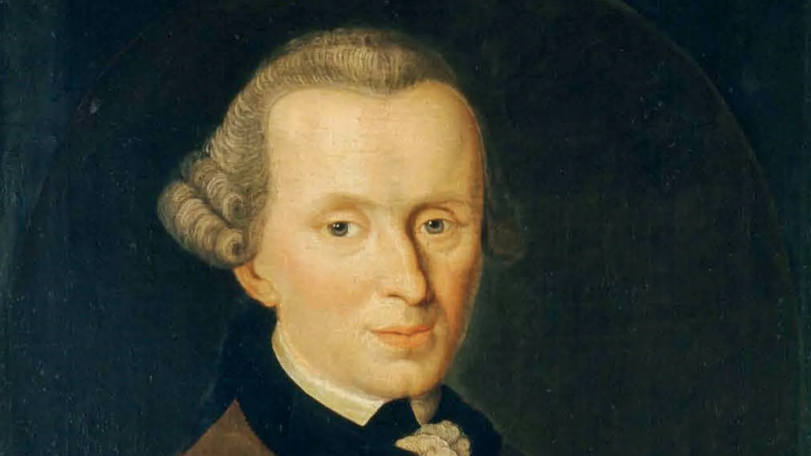 Eighteenth-century portrait of Immanuel Kant in dark coat with powdered hair.