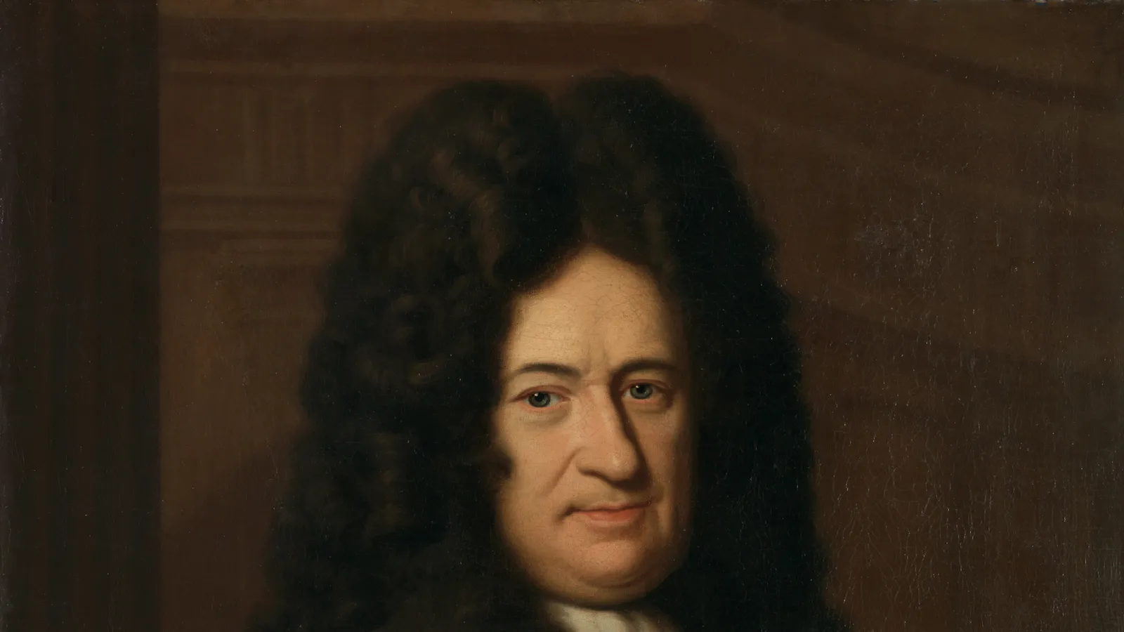 Painted portrait of Gottfried Wilhelm Leibniz in a long curly wig.