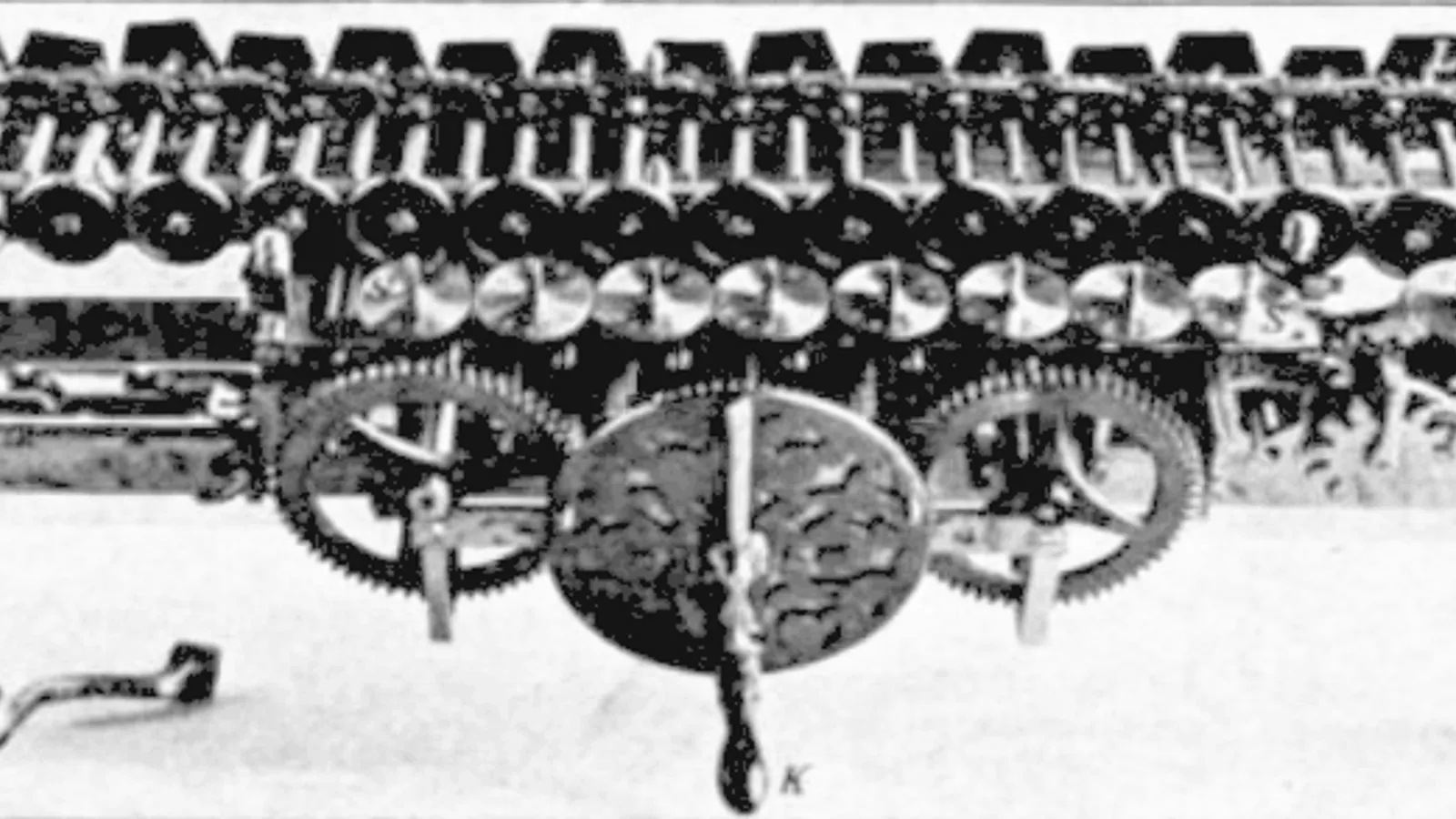 Mechanical drawing of the gearing inside Leibniz's stepped reckoner.