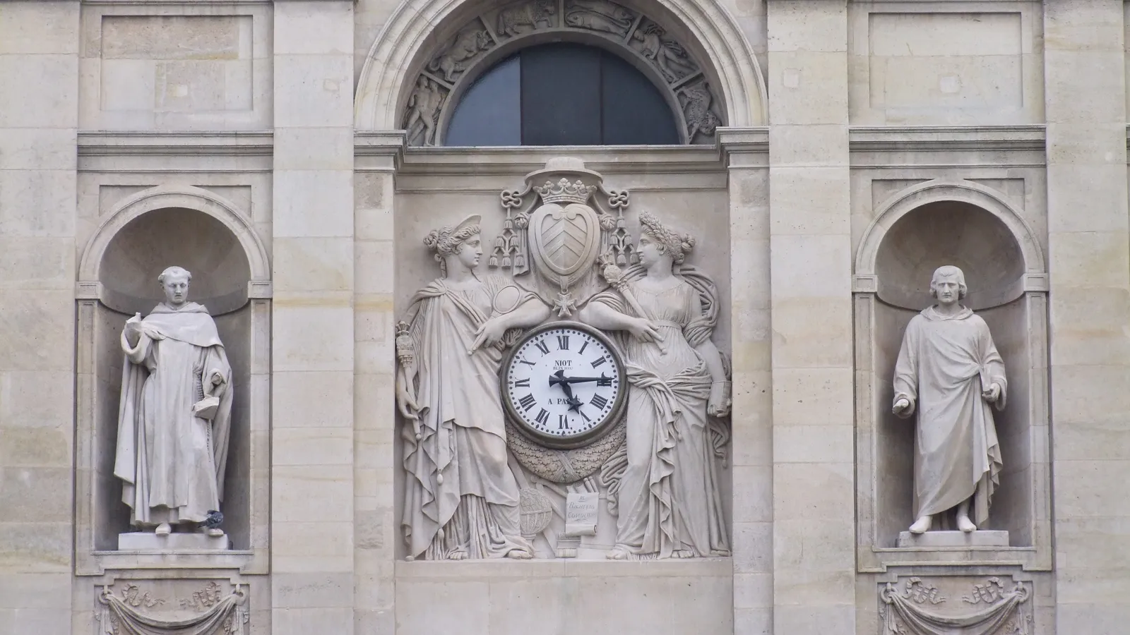 Detail of the Sorbonne main facade, Paris.