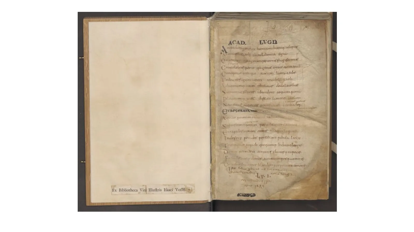 First page of the Codex Oblongus, the 9th-century Carolingian manuscript of Lucretius's De Rerum Natura at Leiden University Library.