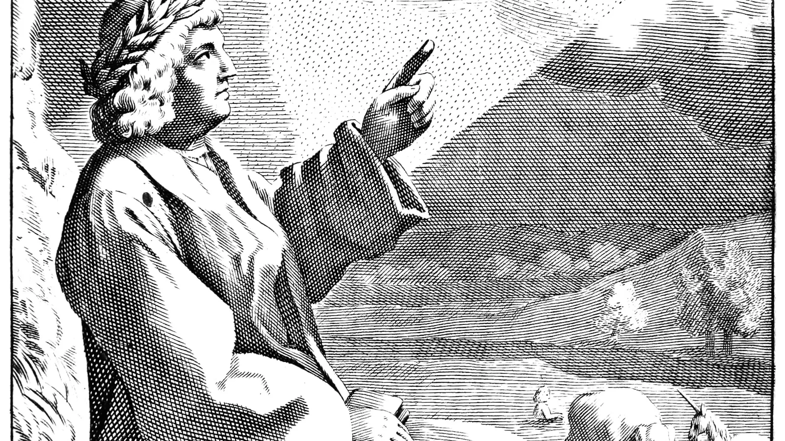 1714 engraved frontispiece showing Lucretius pointing to the casus, the downward motion of atoms.