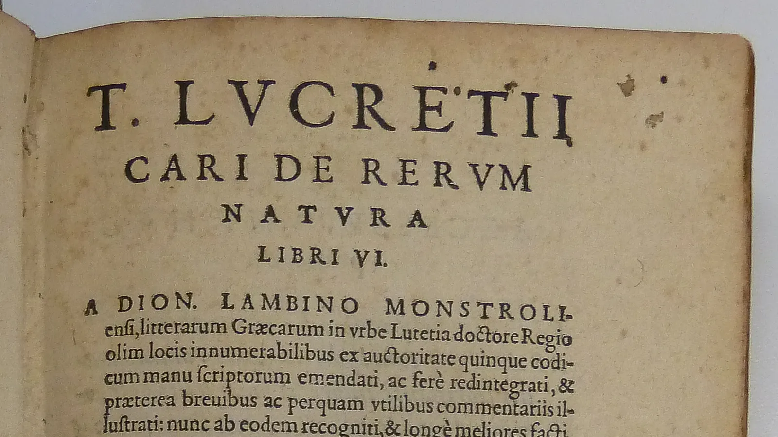 Title page of the 1583 Lambinus / Wechel edition of Lucretius's De Rerum Natura, Frankfurt am Main.