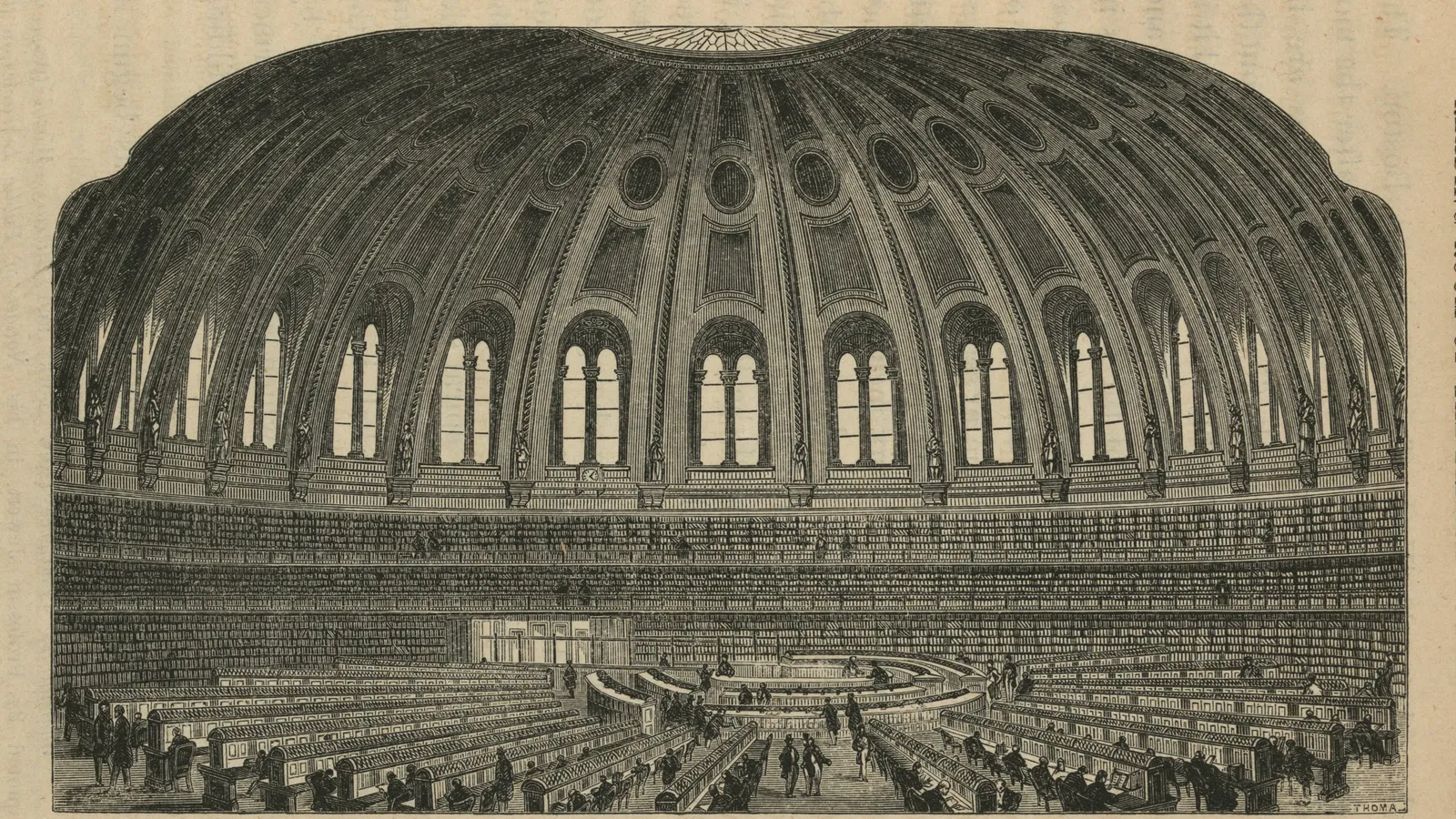 Nineteenth-century wood engraving of the interior of the British Museum Reading Room.