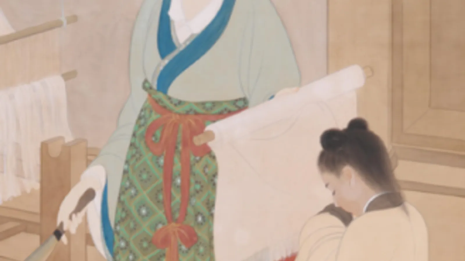 Traditional Chinese painting of Meng Mu, the mother of Mencius, moving her household for her son's education.