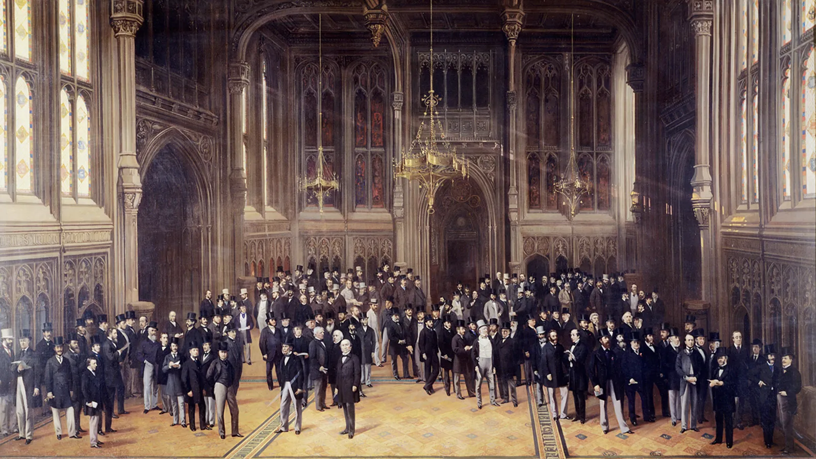 Painting of the Members' Lobby outside the House of Commons chamber, 1872-1873.