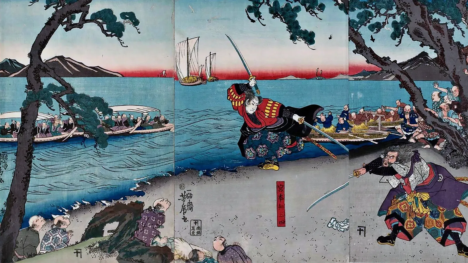 Painting of the duel between Miyamoto Musashi and Sasaki Kojirō at Ganryū-jima.