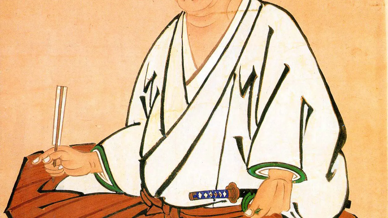 Edo-period seated portrait of Miyamoto Musashi with brush and sword.