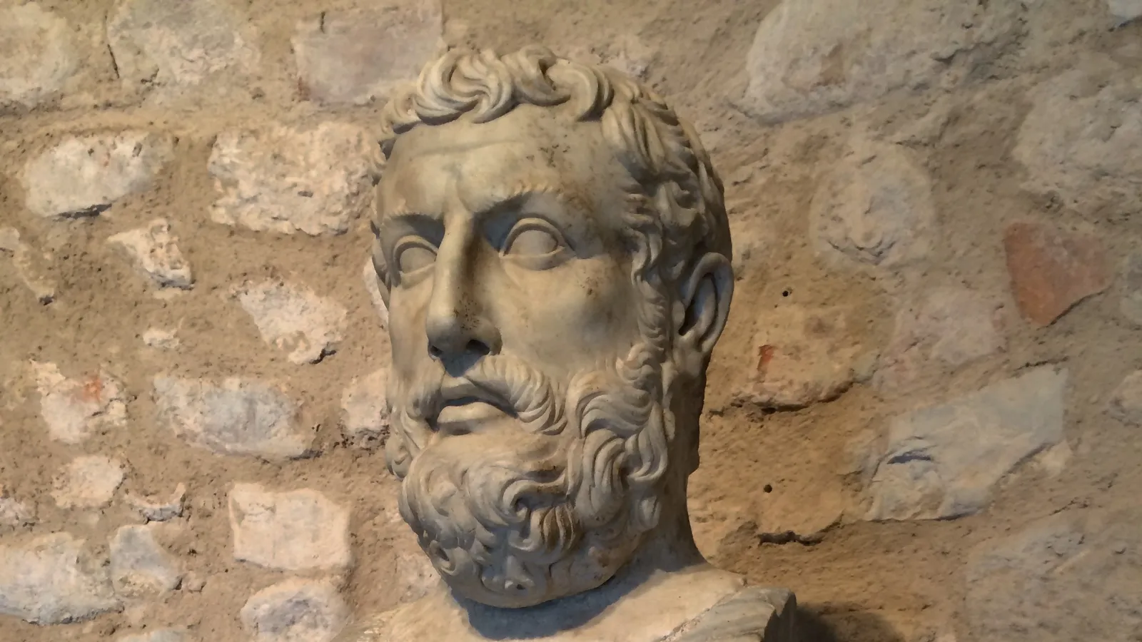 Roman marble portrait bust identified as Parmenides, discovered at Velia in 1966.