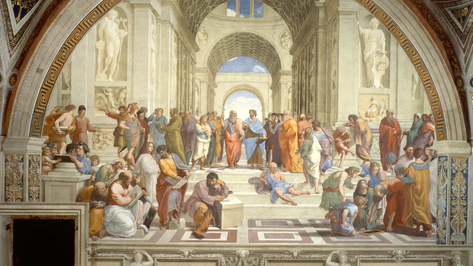 Detail of Parmenides from Raphael's School of Athens, often identified with the bald-headed figure holding a book.