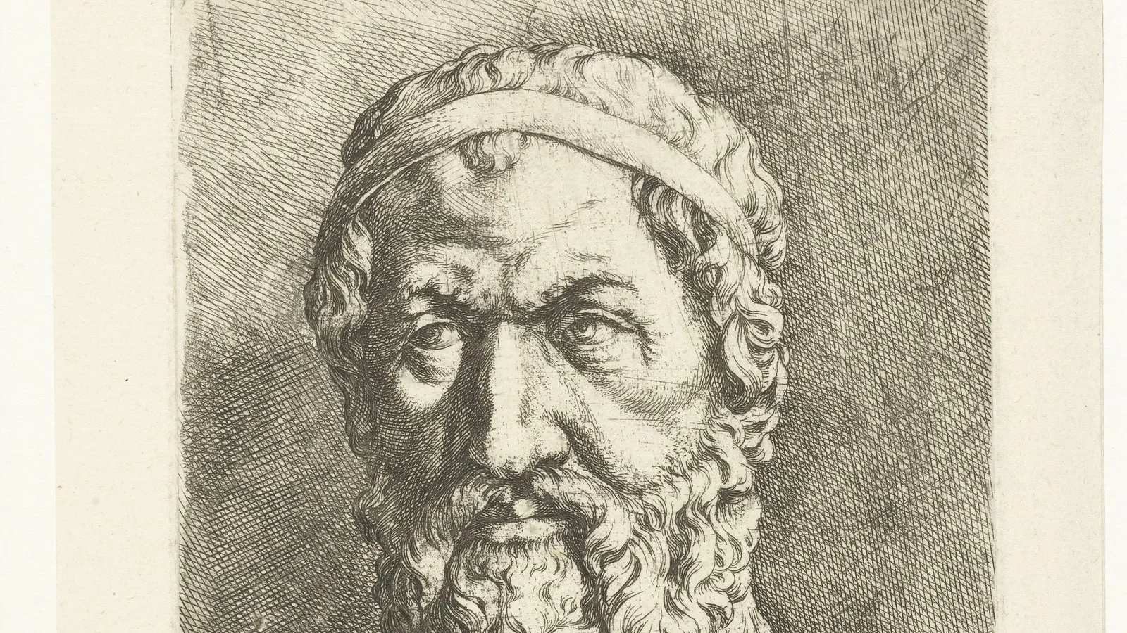 Seventeenth-century etched portrait bust of Zeno of Elea, Parmenides's student and defender of the Eleatic doctrine.
