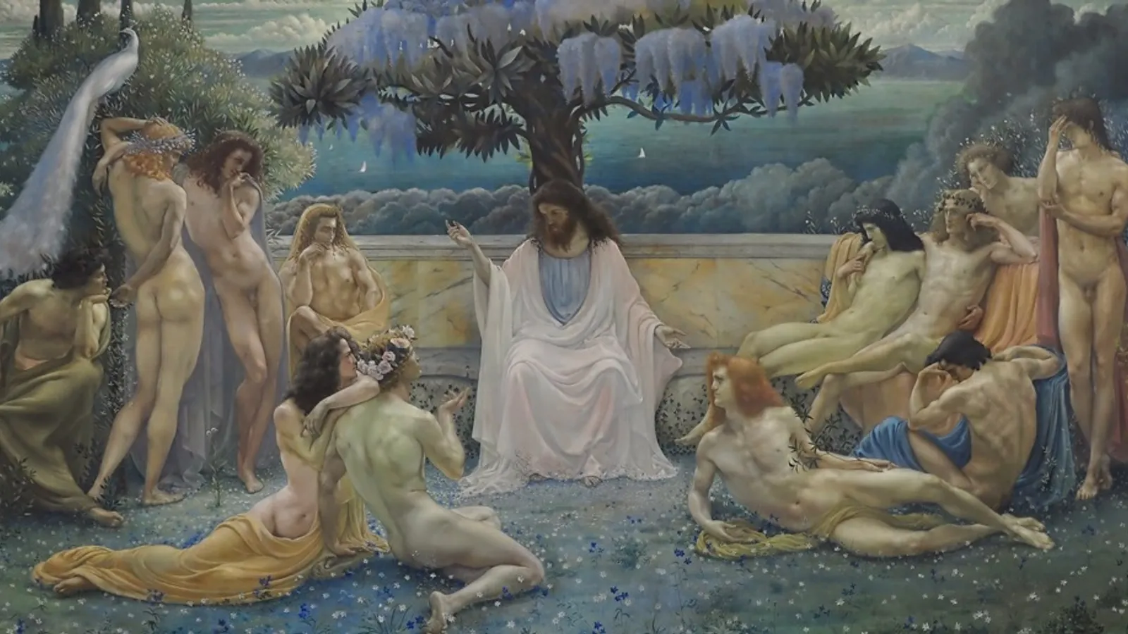 Symbolist painting of Plato seated among his students in a wooded grove.