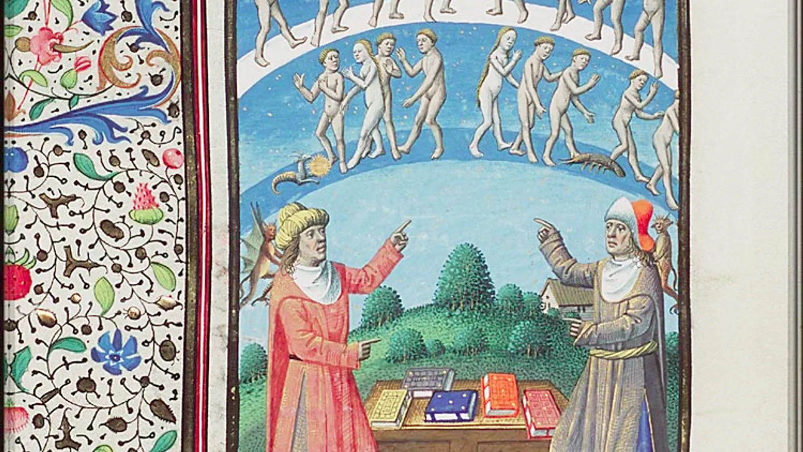 Late-medieval illuminated manuscript page showing Porphyry and Plotinus in conversation.