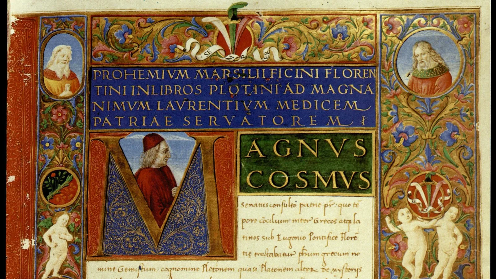 Illuminated opening folio of Ficino's Latin preface to the Enneads.