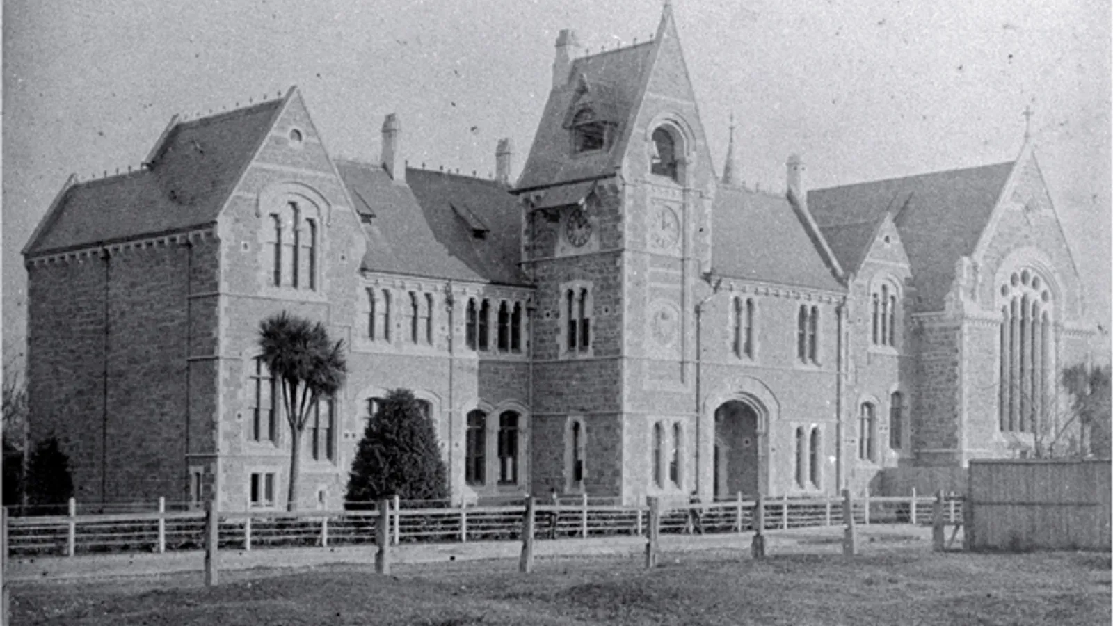 The Gothic stone Canterbury College buildings in Christchurch, New Zealand, c. 1882.