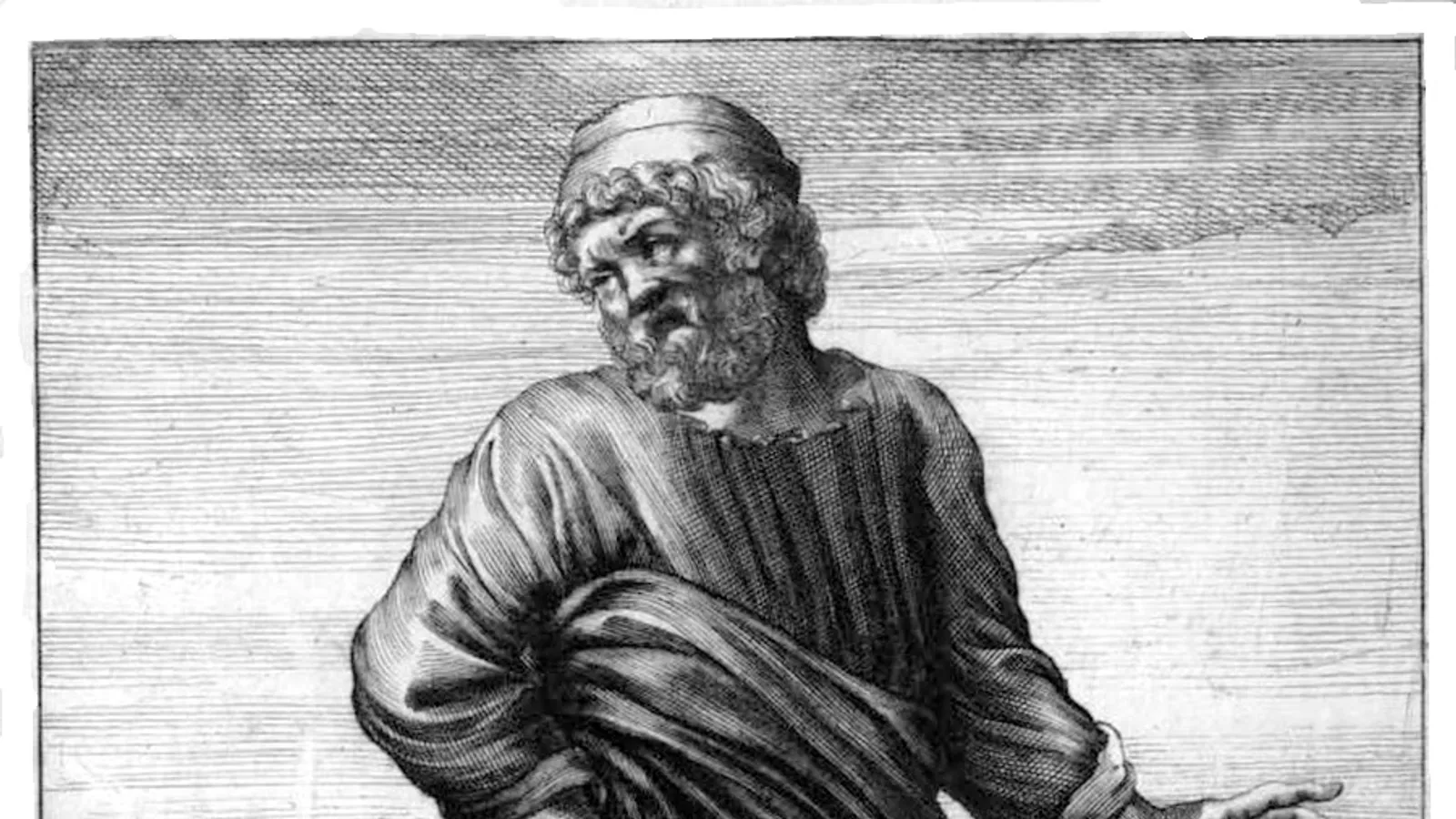 Seventeenth-century engraving of Pyrrho of Elis, bearded, in classical robes.