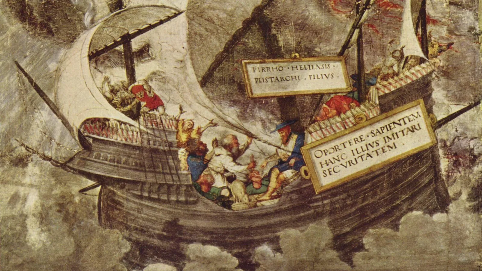 Renaissance woodcut of Pyrrho on a storm-tossed ship, pointing to a pig eating peacefully on the deck.