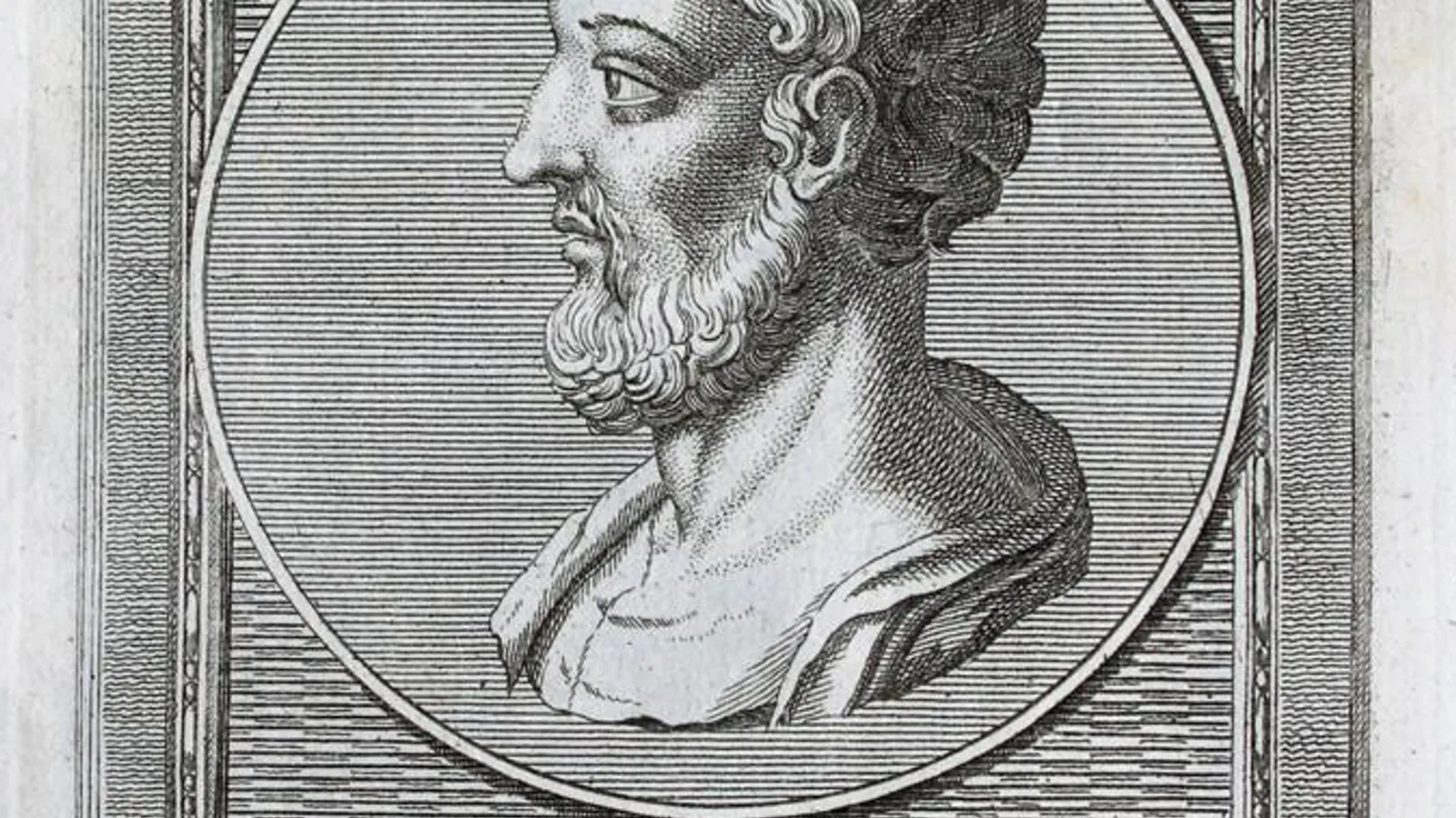 Engraved profile portrait of Sextus Empiricus inside a medallion frame, after a Roman bronze coin.