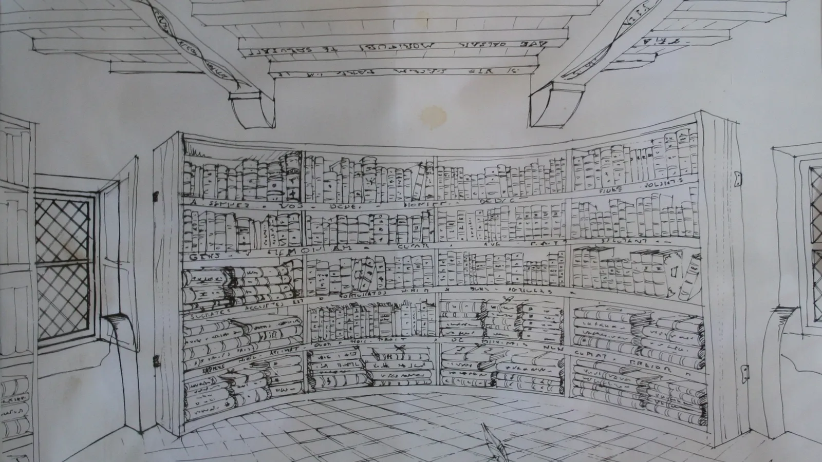 Pen-and-ink drawing of the round interior of Montaigne's tower library.
