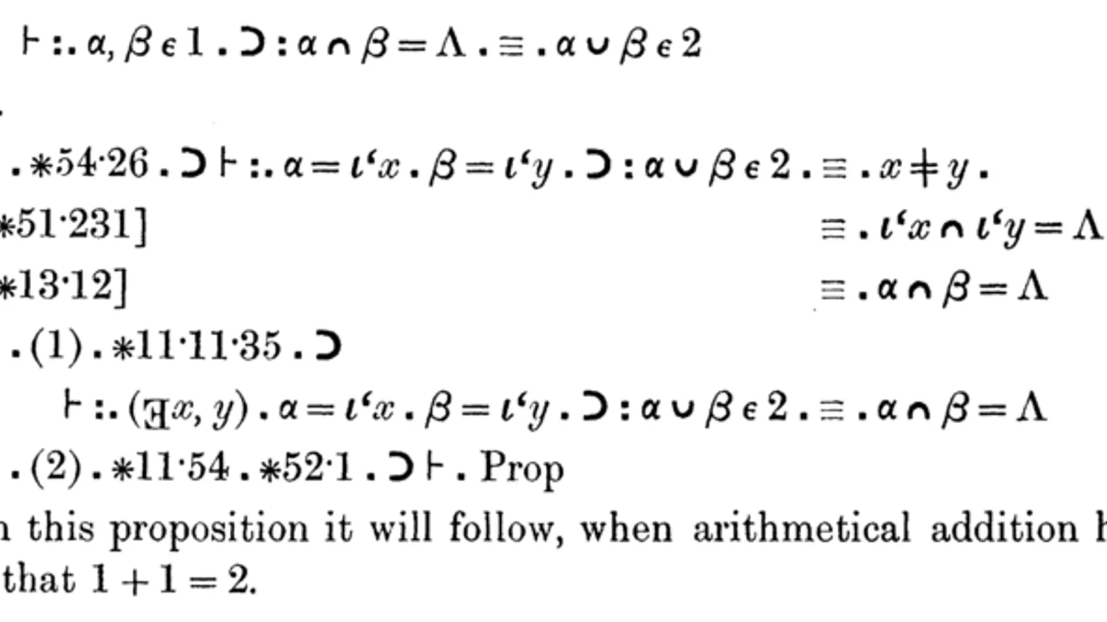 Page from Principia Mathematica containing the proof that 1 plus 1 equals 2.