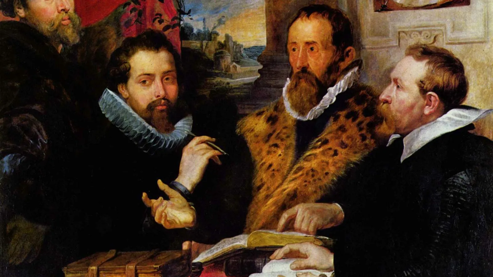 Rubens group portrait of the neo-Stoic circle of Justus Lipsius with a bust of Seneca in the background.