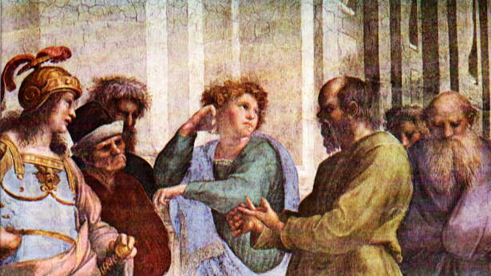 Detail of Socrates from Raphael's School of Athens, counting off an argument on his fingers.