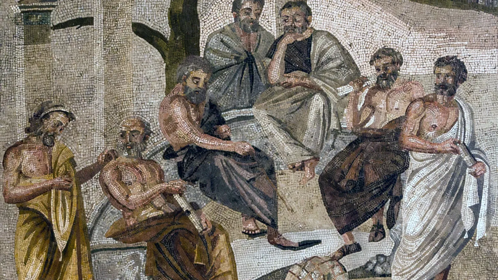 Roman mosaic from Pompeii showing seven philosophers gathered in dialogue, traditionally identified with Plato's Academy.