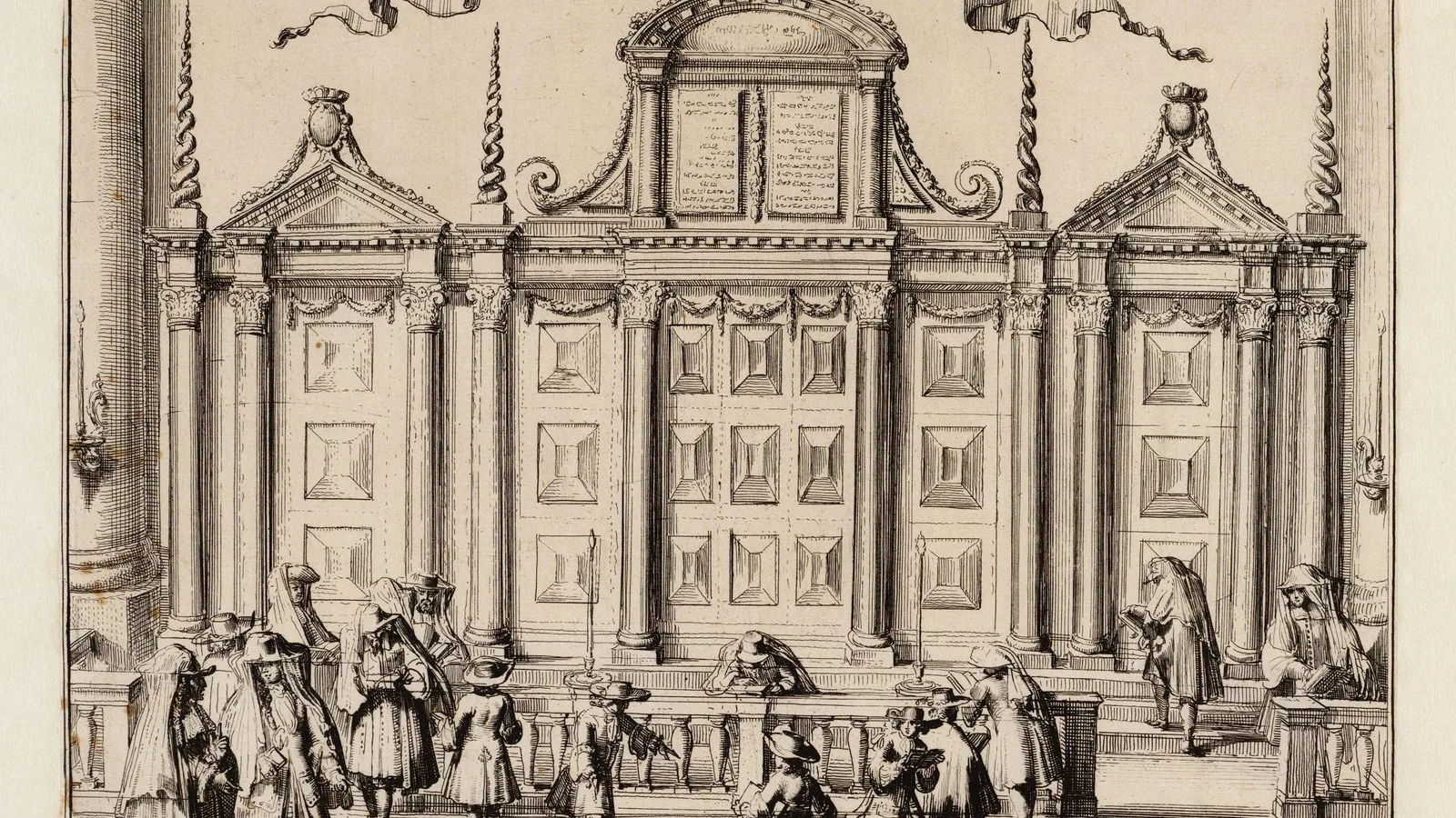 Romeyn de Hooghe's 1675 engraving of the interior of the Amsterdam Portuguese Synagogue.