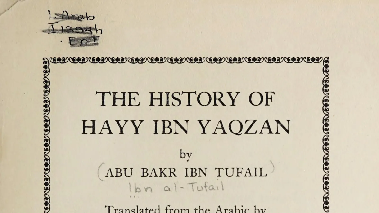 The title page of the 1929 reprint of Simon Ockley's 1708 translation of Hayy ibn Yaqzan.