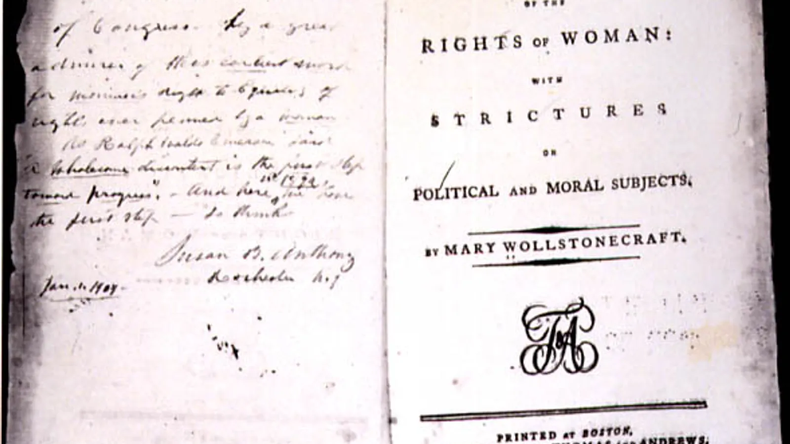 Title page of the 1792 Boston first American edition of A Vindication of the Rights of Woman.