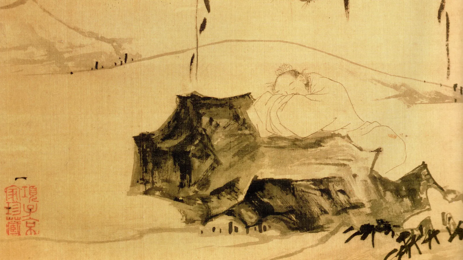 Ming-dynasty Chinese painting of Zhuangzi dreaming he is a butterfly.