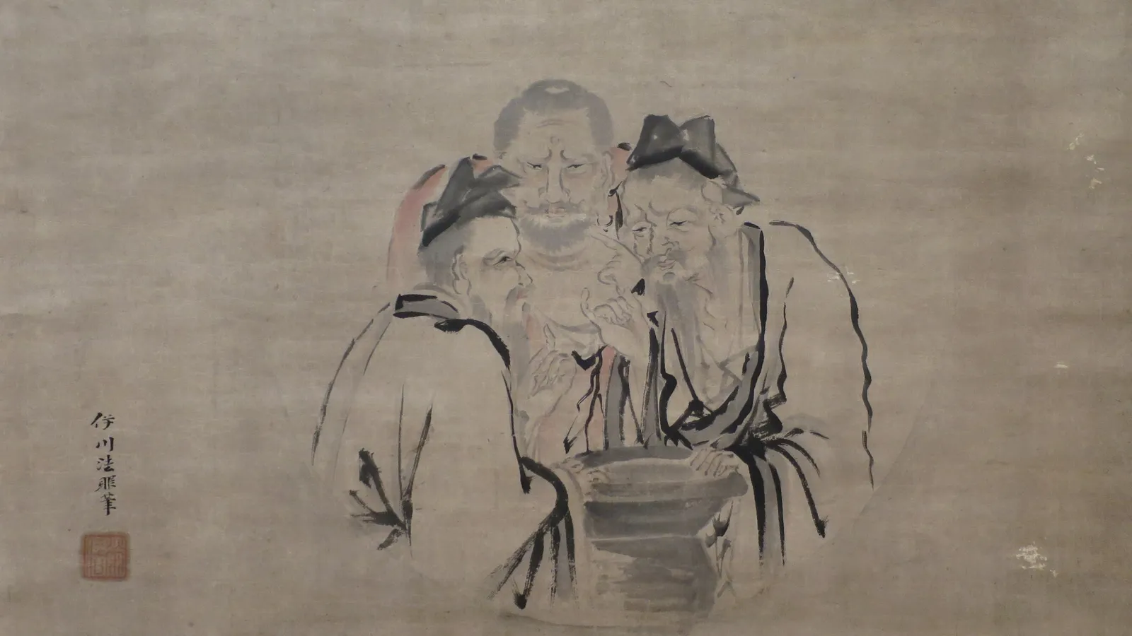 Edo-period Japanese painting of Confucius, the Buddha, and Laozi tasting from a vat of vinegar.